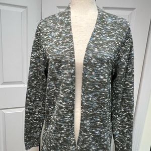 Lands End Cardigan Marled Green White Blue mix Soft Cotton w Pockets 28” To Hem